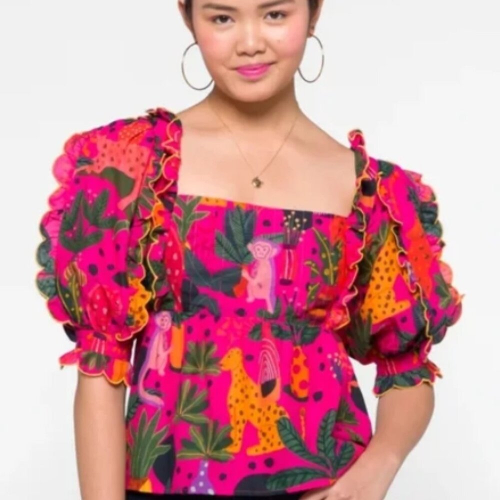 NWOT Farm Rio Pop Leopards Short Puff Sleeves Ruffles Pink Blouse Size XS $160